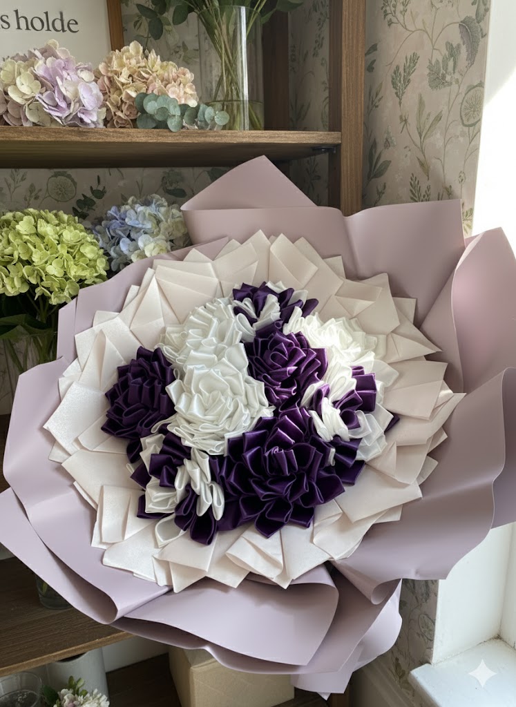 Весняна композиція зі стрічок - букети зі стрічок ручної роботи, хендмейд квіти, інтер'єрний букет